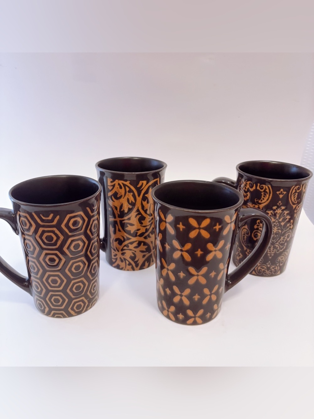 Chocolate Brown Black and Gold Patterned Ceramic Large Coffee Mugs - Set of 4